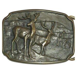 Vintage Solid Brass Deer Belt Buckle With Two Stags In Forest Scene